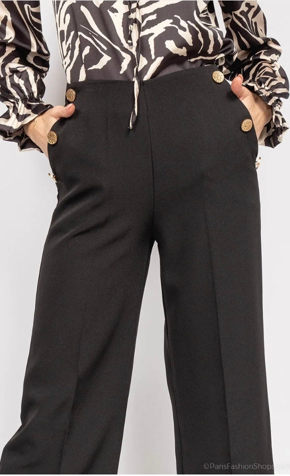 3/4 Length Black Trouser With Gold Button Detail