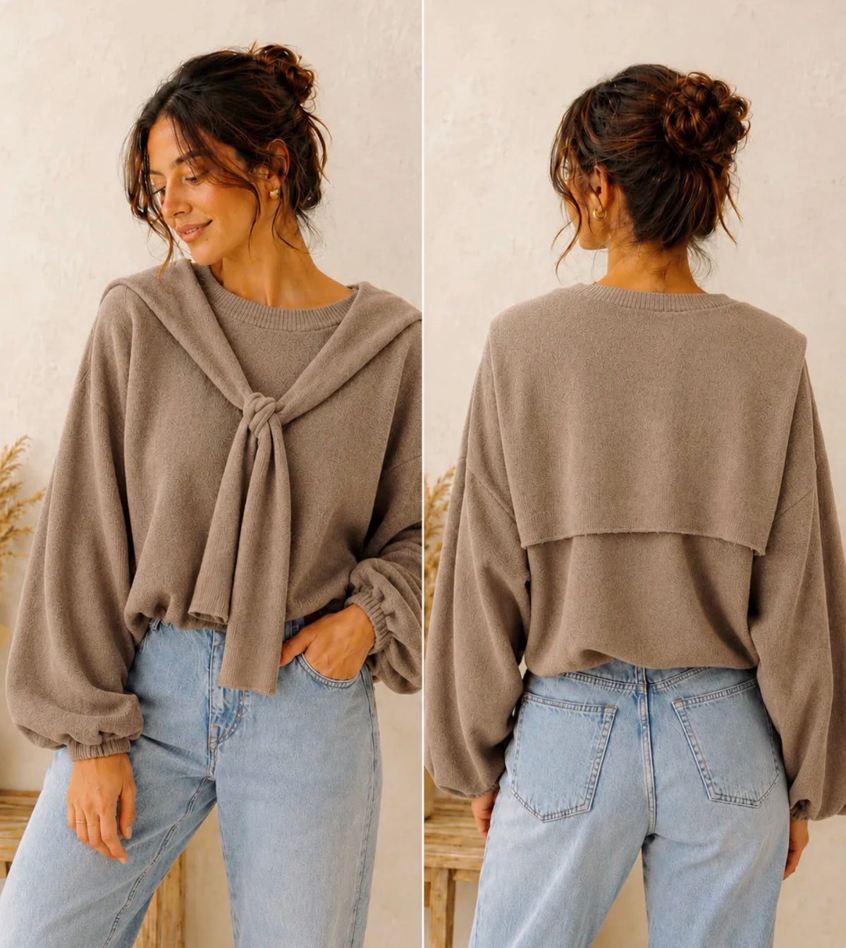 Taupe Sweater Over Shoulder Tie