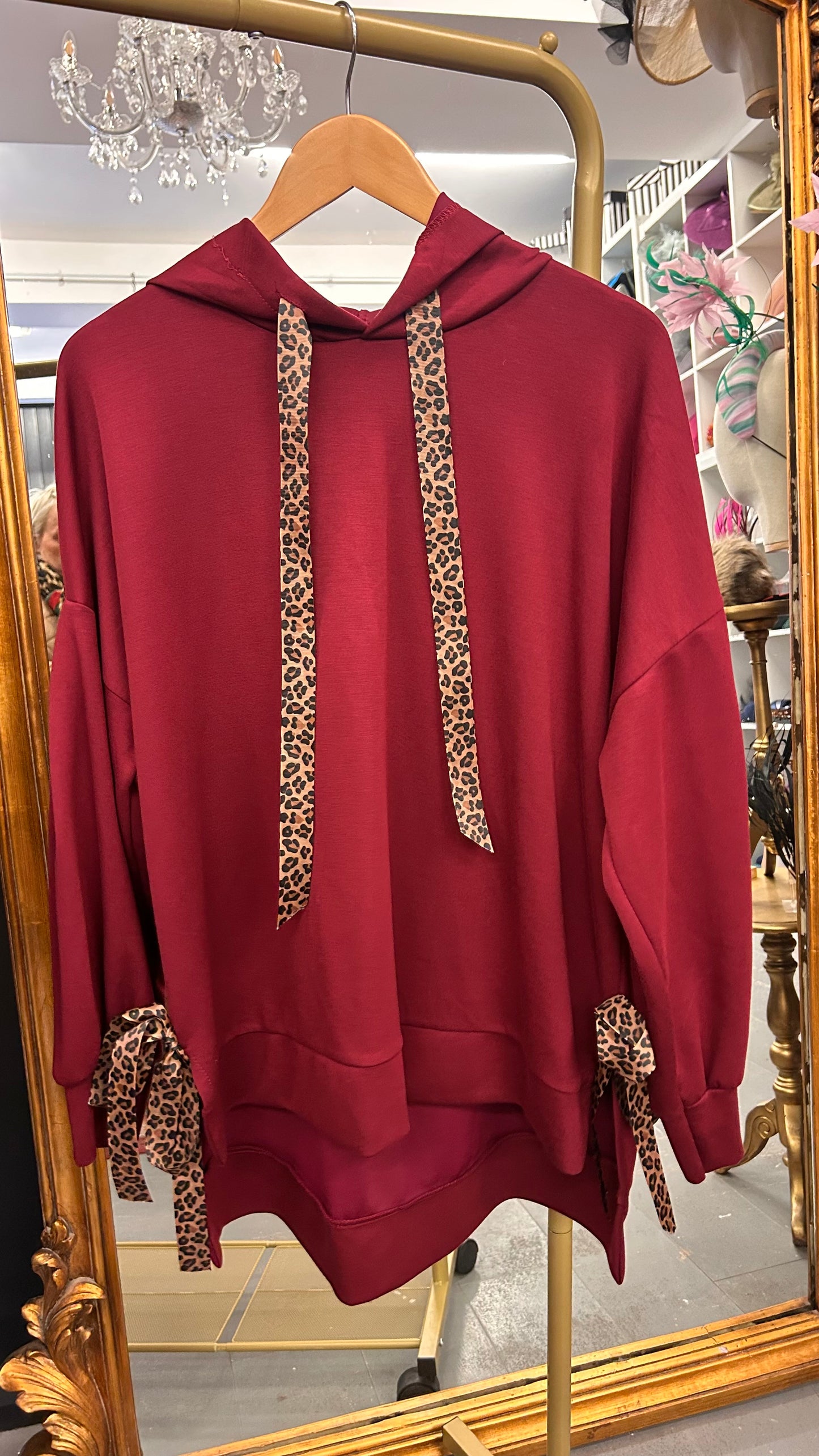 Burgundy Leopard Trim Hoodie