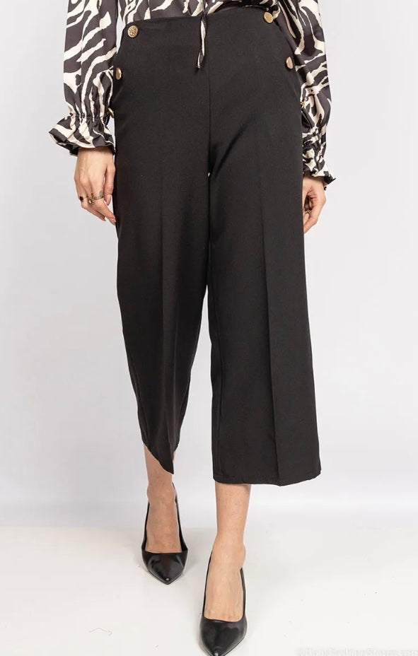 3/4 Length Black Trouser With Gold Button Detail