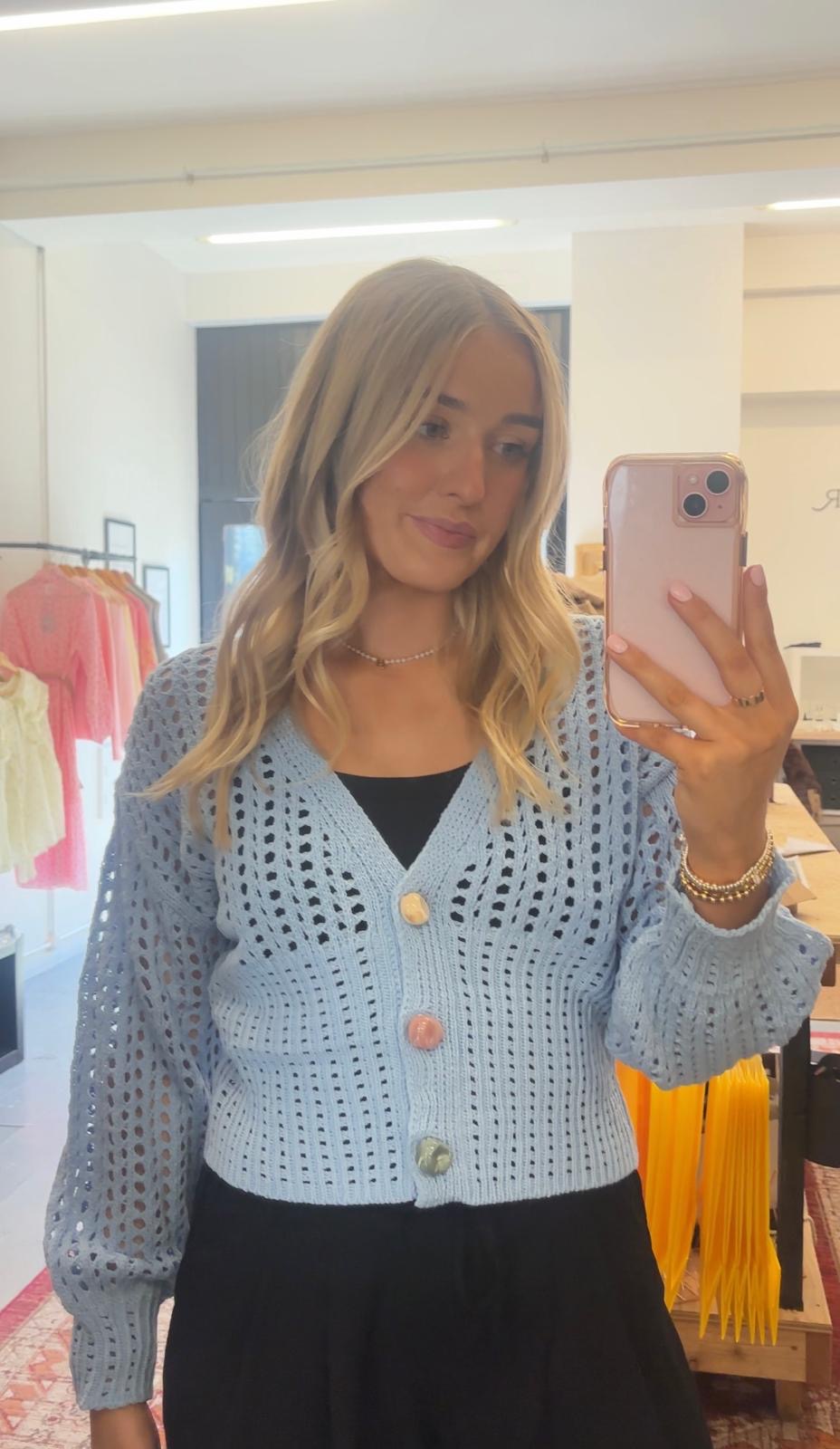 Open Knit Cardigan Puff Sleeve
