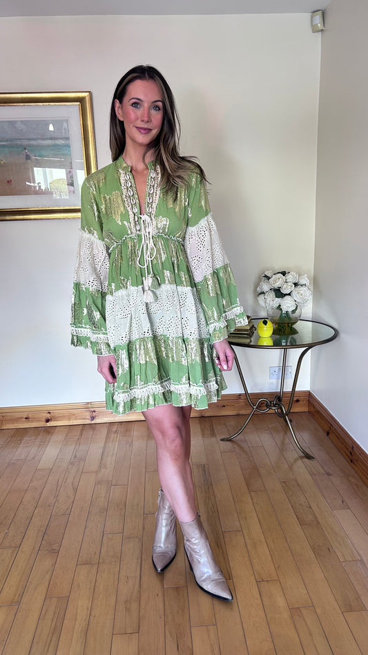 Hand embroideries Green Boho Style Dress