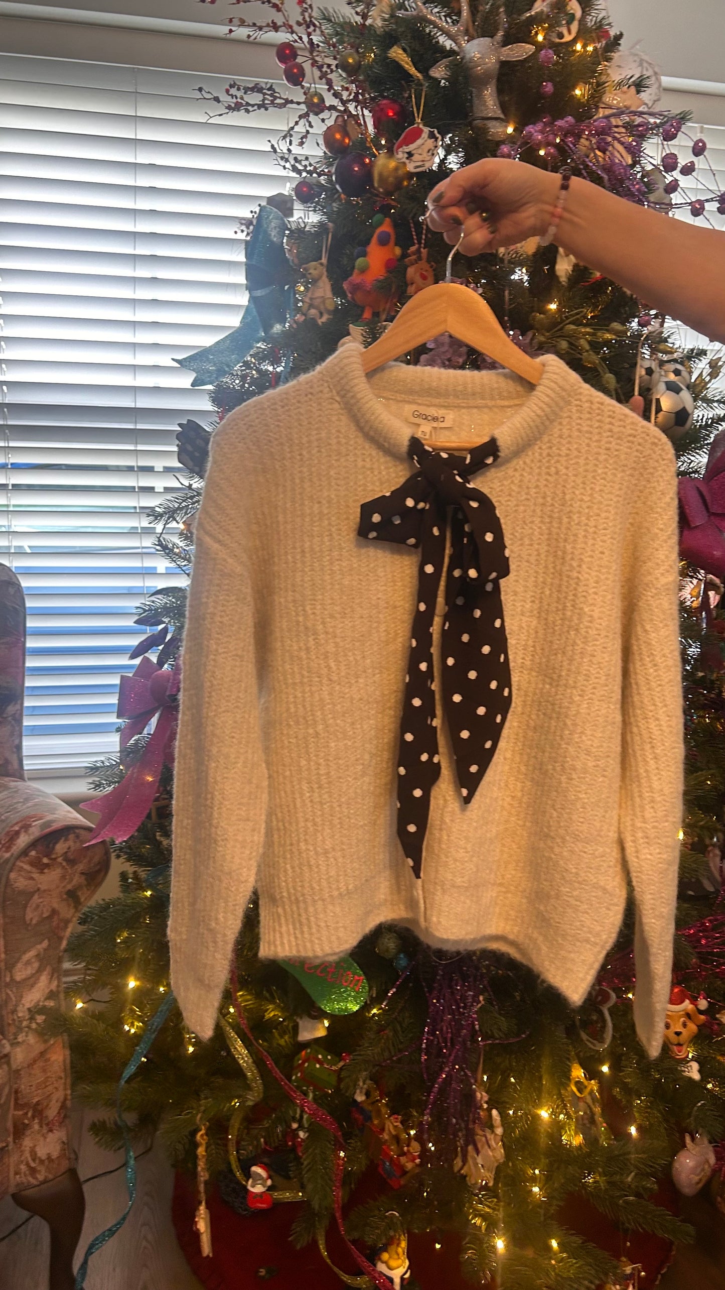 Cream Cardigan Polka Dot Tie