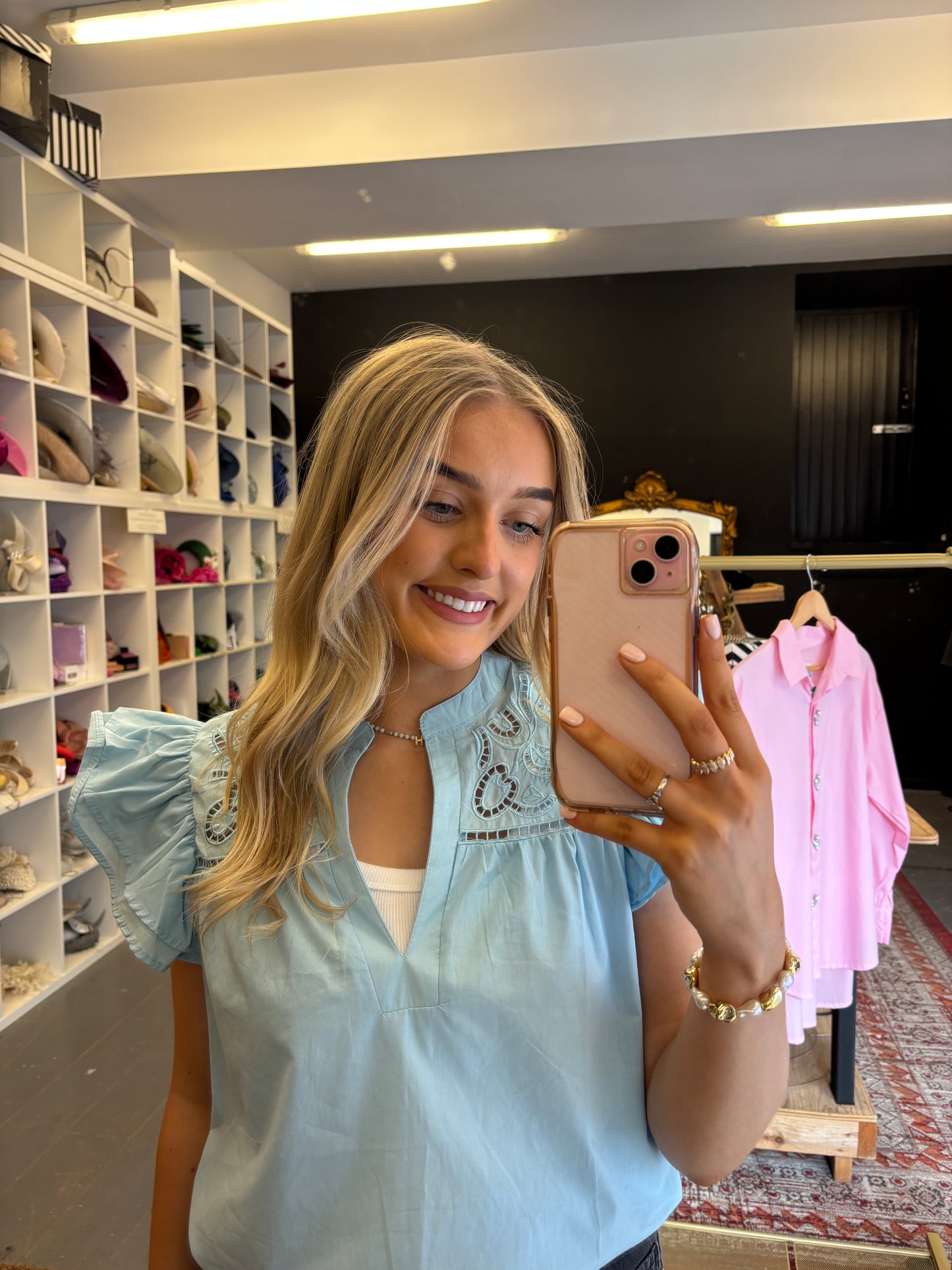 Embroidered Flutter Sleeve Blouse In Blue