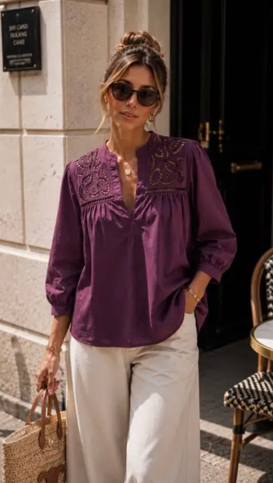 Plum Openwork Embroidery Blouse