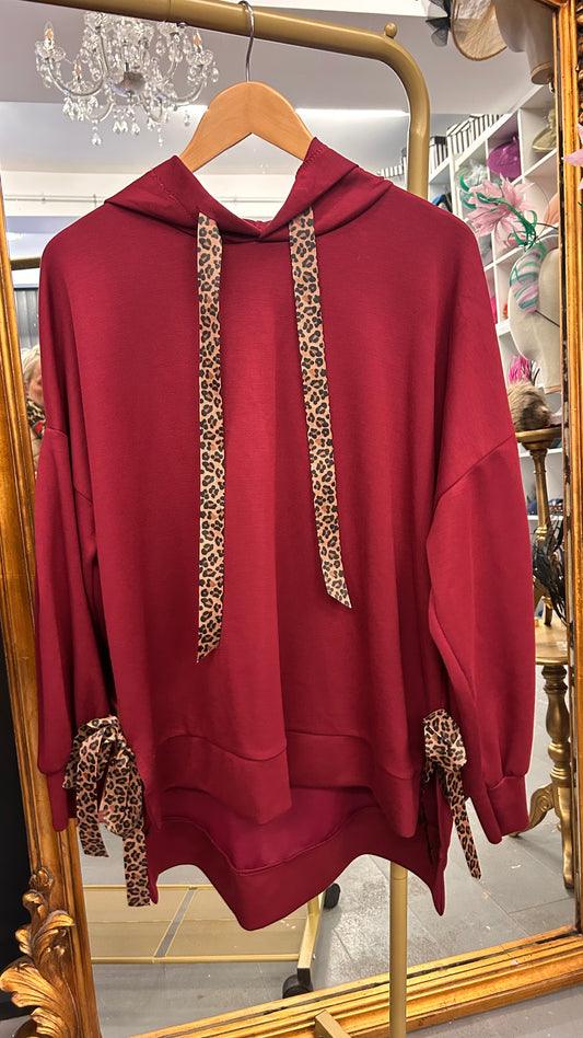 Burgundy Leopard Trim Hoodie