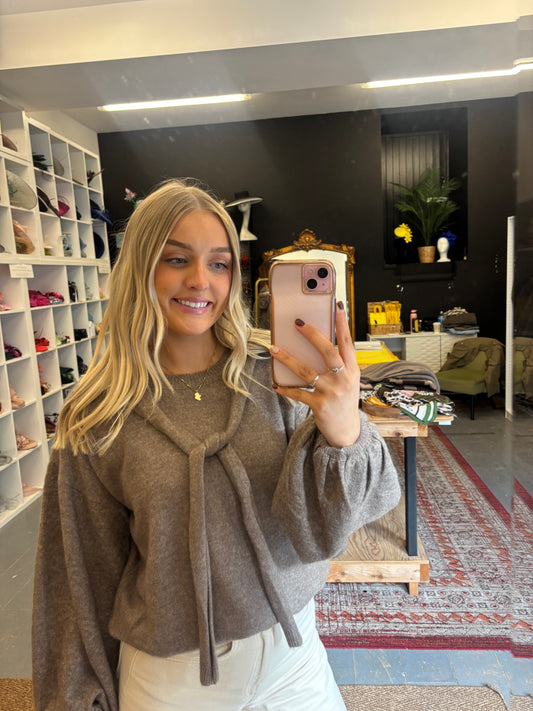 Taupe Sweater Over Shoulder Tie