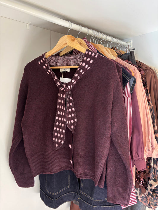 Wine Cardigan with Tie Detail