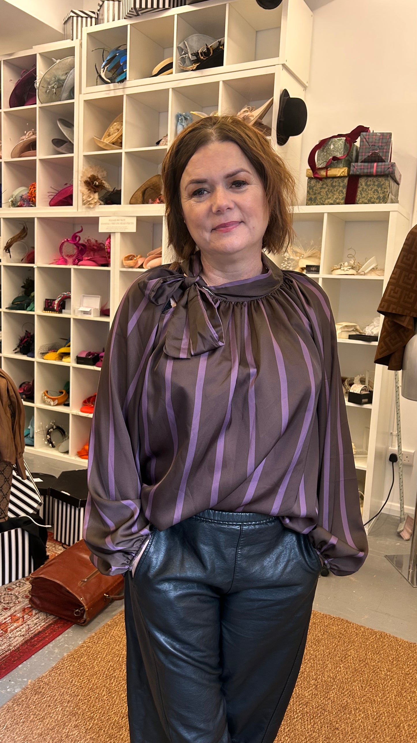 Brown and Plum Stripe Tie Blouse