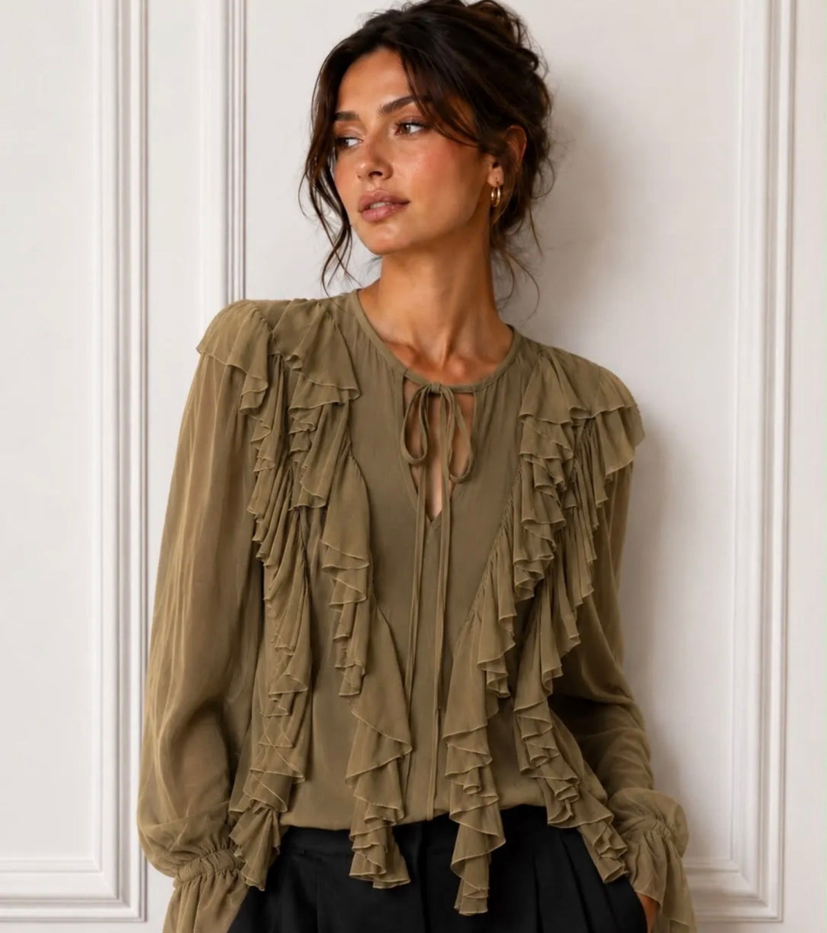 Olive Green Ruffle Blouse