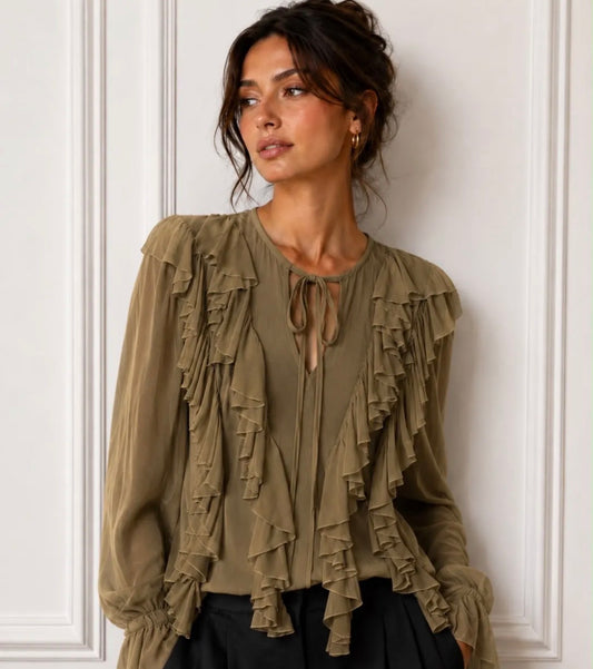 Olive Green Ruffle Blouse