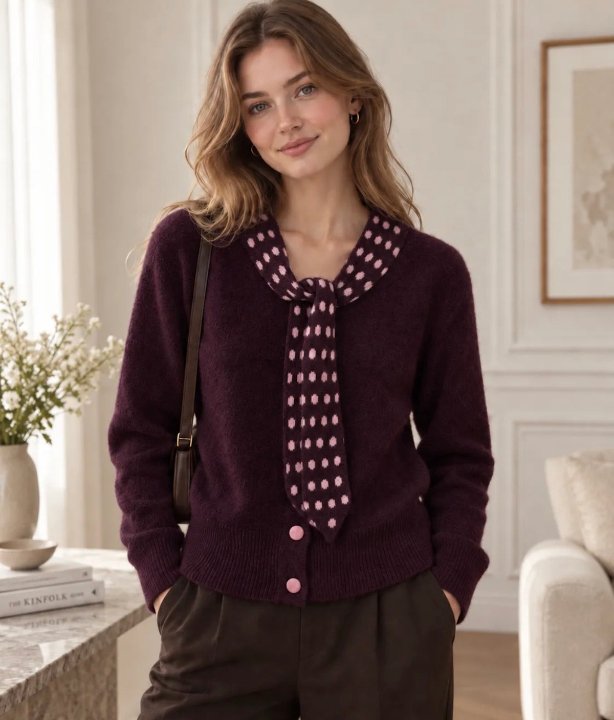 Wine Cardigan with Tie Detail