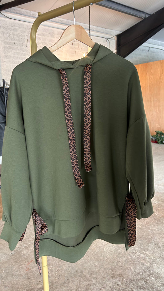 Khaki Leopard Trim Hoodie