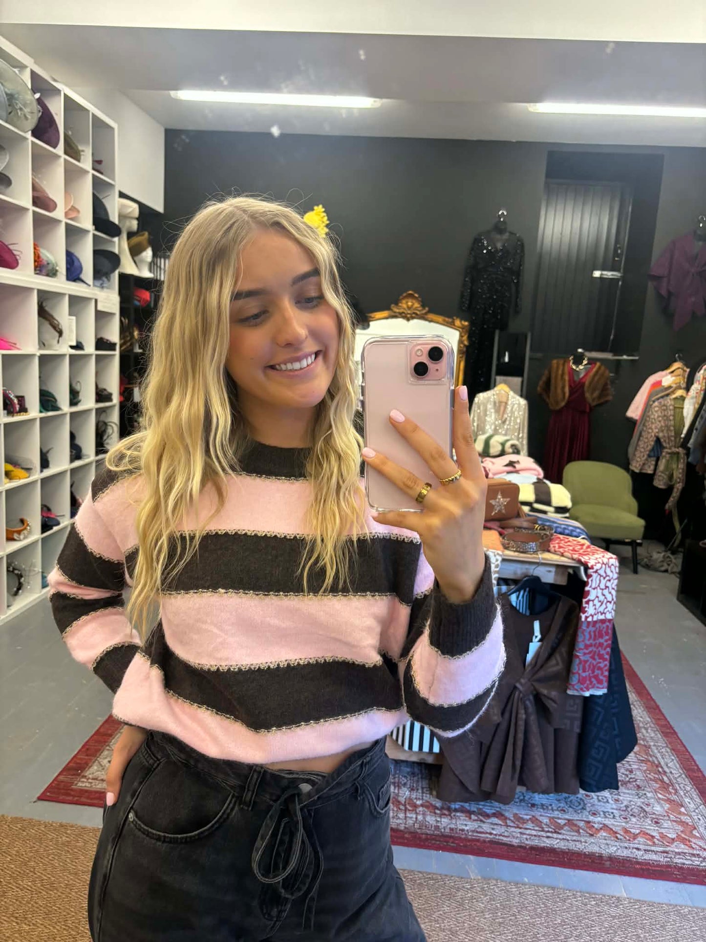 Pink & Brown Sweater Sparkle Trim