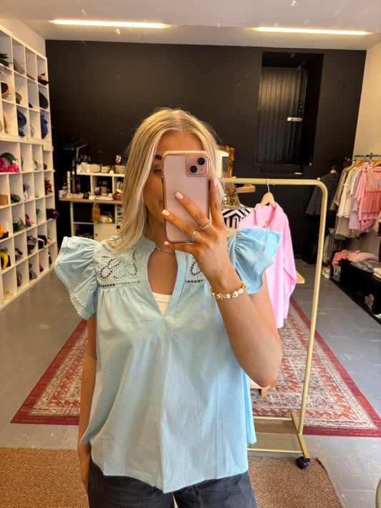 Embroidered Flutter Sleeve Blouse In Blue