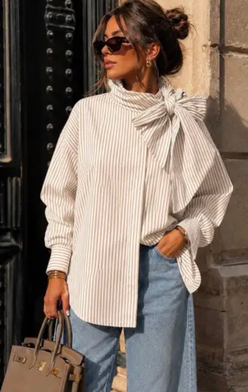 Side Bow and Button Stripe Blouse