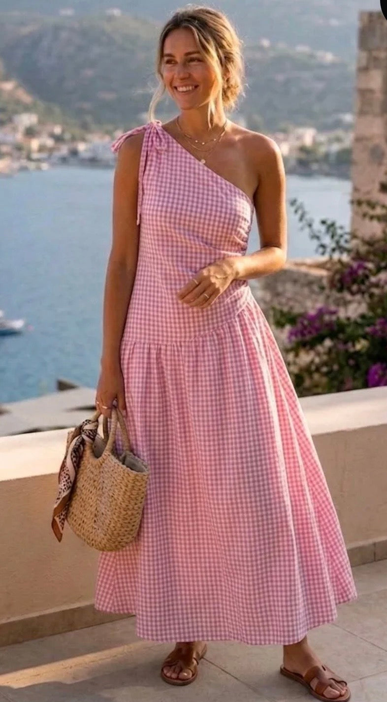 Gingham One Shoulder Dress