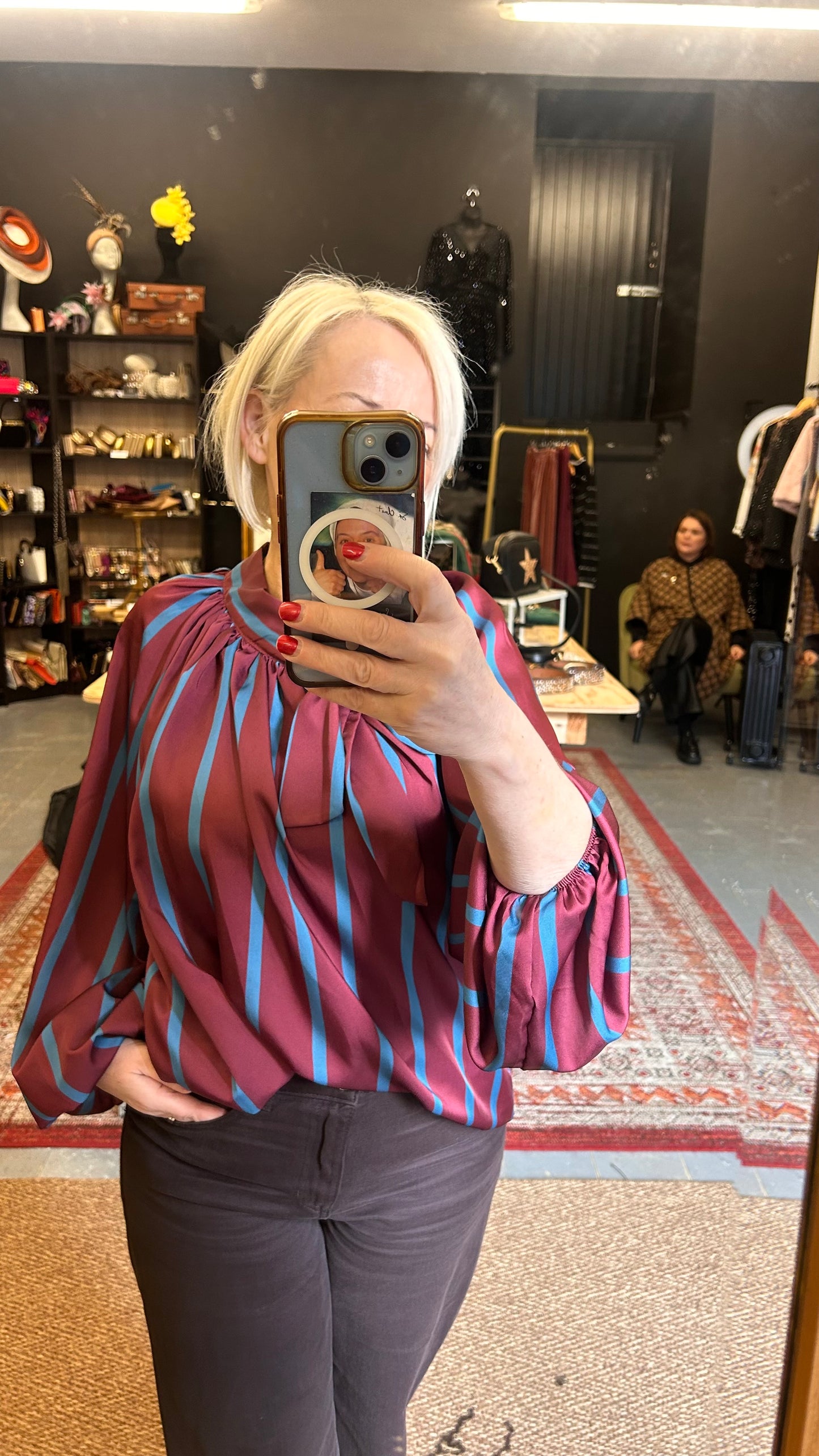 Burgandy and Blue Stripe Tie Blouse
