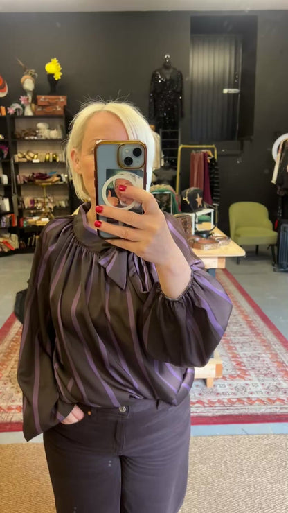 Brown and Plum Stripe Tie Blouse